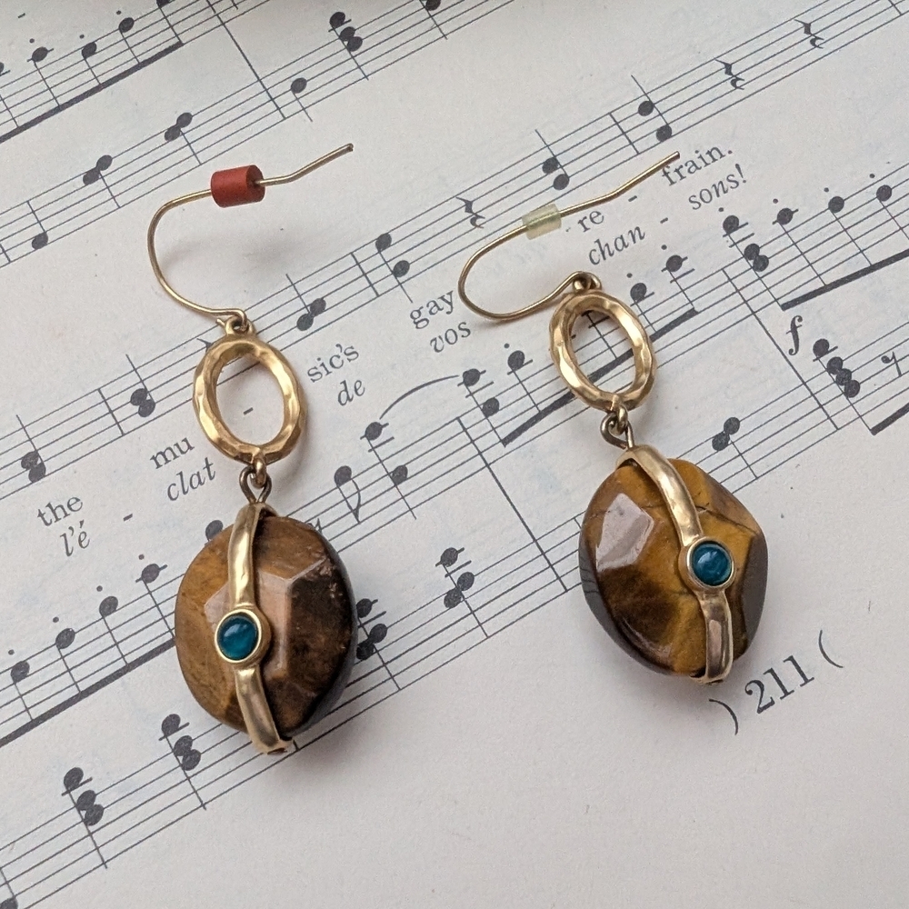 Vintage Tigers Eye Goldtone and Brown Earrings with Blue Accents